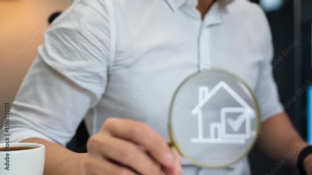 Poster person using laptop and holding magnifying glass with house and check mark icon inside it