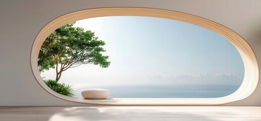 Innovation lab collaboration transformation concept. Modern interior with a scenic view of a tranquil landscape.