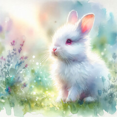 cute little white rabbit in the grass
