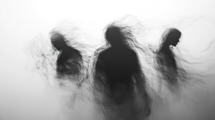 Three ethereal figures, shrouded in smoke and darkness, walking in unison.
