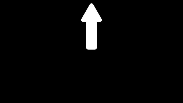 line Up direction animated arrow on black background .Animation of sweep arrow icon, upward and transparent white swipe up pointing arrow icon.