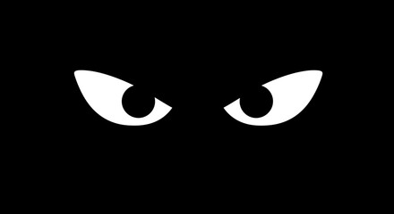 Abstract cartoon illustration of white eyes on a black background, suitable for advertising banners to attract interest, quests, children's books, start screens, error page, empty state