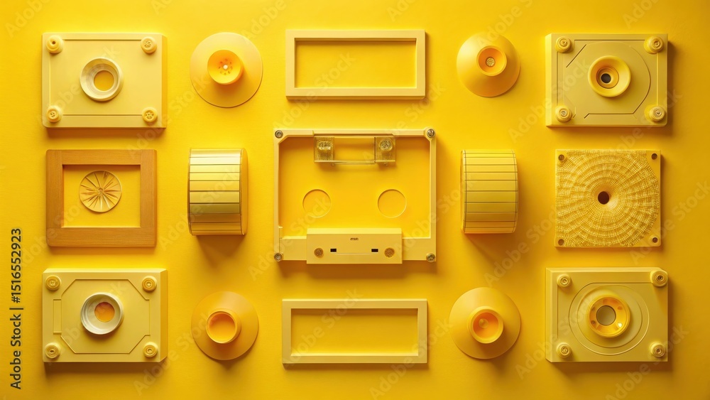 Poster a vibrant arrangement of monochromatic yellow objects, featuring geometric shapes and a retro casset