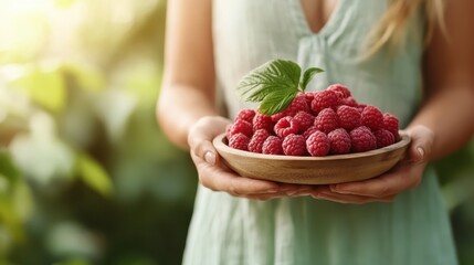 A woman holds a wooden bowl packed with succulent raspberries, surrounded by lush green foliage, highlighting freshness and the connection to nature's bounty.