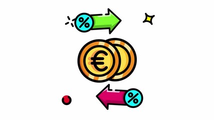 Animated Made in uk two euro coins and arrows with percentage signs depict economic growth. - Powered by Adobe
