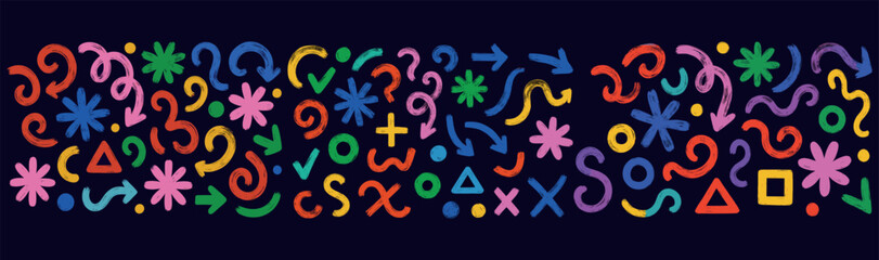 Colorful Doodle Shapes and Flowers on Dark Background