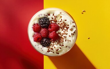 Top-down view of a smoothie with Greek yogurt, mixed berries, and flax seeds on split yellow-red background.