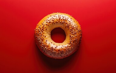 Top-down view of whole grain bagel with sesame seeds on vibrant red background.
