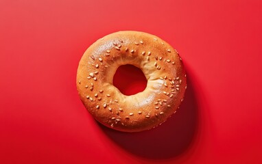 Top-down view of whole grain bagel with sesame seeds on vibrant red background.