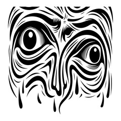 Abstract face with large expressive eyes and tears in black and white artistic sketch.