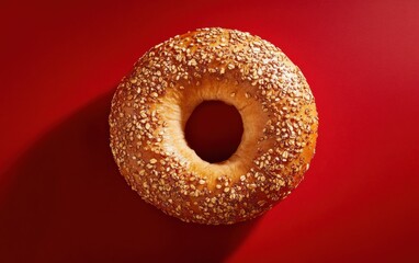 Top-down view of whole grain bagel with sesame seeds on vibrant red background.