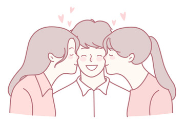 A colorful and cheerful illustration depicts two friends playfully kissing a smiling boy, exemplifying joyfulness
