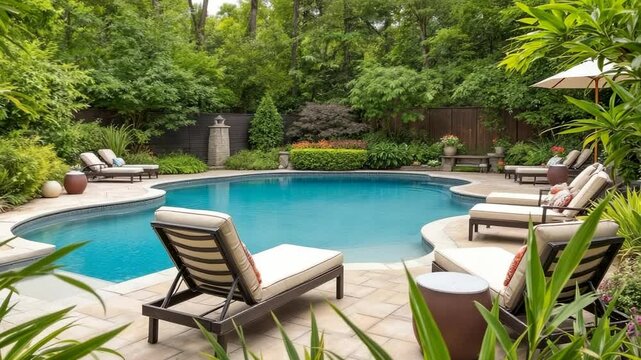 serene backyard pool surrounded by lush greenery with lounge chairs and stone features