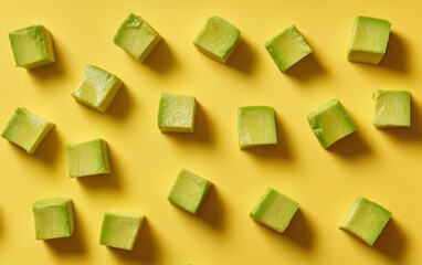 Avocado cubes arranged in a pattern on yellow background.