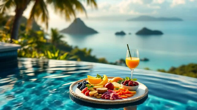 a floating breakfast tray with tropical fruits and orange juice in a pool with ocean view