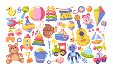 Cartoon toys for kids colorful design elements isolated set for game, development and fun recreation
