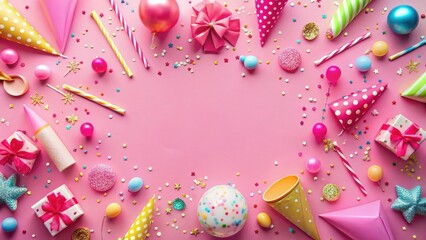 Fototapeta premium A Festive Celebration Pink Background with Party Hats, Balloons, Confetti, and Gifts