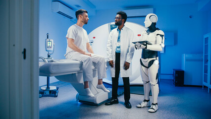 Concerned doctor touching forehead of distressed patient describing symptoms. Humanoid robot...