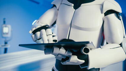 Close-up of humanoid robot interacting with digital tablet using mechanical fingers while standing...