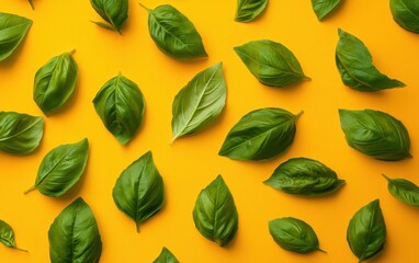 Fresh basil leaves arranged in a pattern on yellow background.