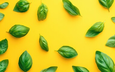 Fresh basil leaves arranged in a pattern on yellow background.