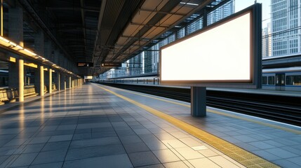 Modern urban train station platform with empty advertising board and city skyscrapers in the background