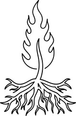 Stylized flame emerging from intricate root system abstract nature, fire and earth concept illustration