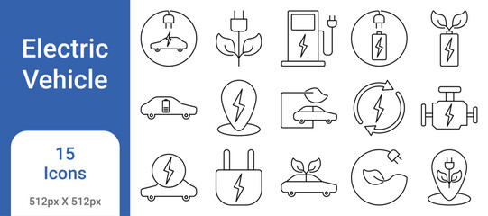 Electric Vehicle Icon Set – EV, Charging Station, Battery, Eco Transport, Green Energy, Sustainable Mobility
