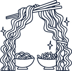 Chopsticks holding noodles above bowls asian cuisine, traditional meal, tasty ramen and udon illustration