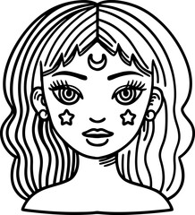 Young woman with celestial face art, crescent moon on forehead, star cheeks, outlined fantasy portrait illustration