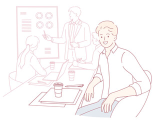 A diverse group of professionals is currently engaged in a productive meeting, discussing various ideas and strategies