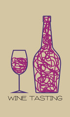 Wine tasting, wine list, sommelier, bar poster. Vector design outline drawing wine bottle, glass, chardonnay, merlot