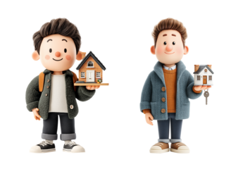 Cute cartoon real estate agents holding houses, showcasing friendly expressions and vibrant colors, perfect for real estate marketing