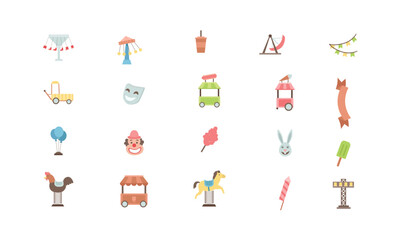 Obraz premium carnival amusement park icon collection showcasing rides, food stalls, attractions, and festival elements