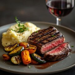 perfectly grilled steak sliced and plated with mashed potatoes and grilled vegetables, garnished with herbs, 