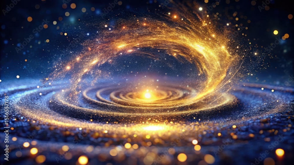 Poster a swirling cosmic dance of golden particles and a deep blue nebula, creating a mesmerizing spectacle