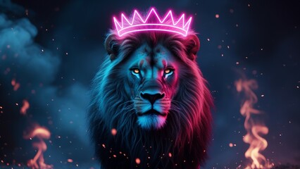 A powerful lion with a glowing neon crown