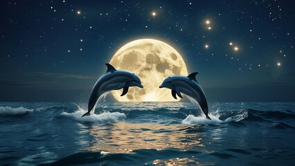 Two dolphins leaping in perfect unison above the dark ocean waves. 