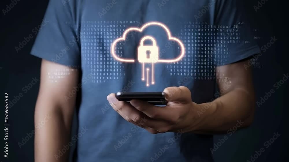 Poster person holding a smartphone with an illuminated cloud and padlock security graphic overlayed on scre