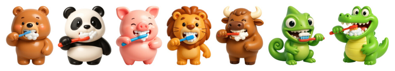 Obraz premium PNG Cute animals brushing teeth, element set on transparent background