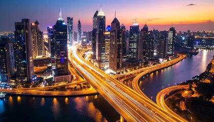 Naklejka premium Vibrant cityscape at dusk with glowing highways and modern architecture reflections on the river