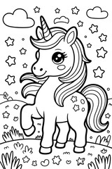 Coloring page of a cute unicorn surrounded by stars and clouds isolated on white background