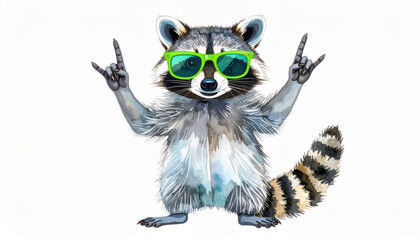 Obraz premium Funny raccoon in green sunglasses showing rock gesture, isolated on white background
