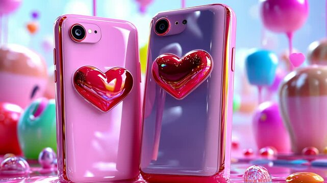 Two cute phone with heart decoration touch, suggesting connection and love. 3d cartoon characters phones. The pink background with blurred hearts. romantic theme. Valentine's Day