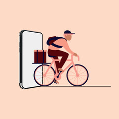 Online Food Delivery – Illustration of Bicycle Courier Emerging from Smartphone Screen