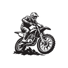 Black silhouette vector illustration of a motocross sport biker riding a motorcycle at speed, performing a stunt jump