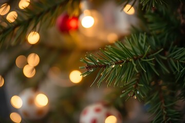 Close-up of Christmas Tree Branches with Ornaments and Lights