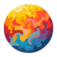 Vibrant abstract sun and sea art. Circular, colorful fluid shapes in layered composition.