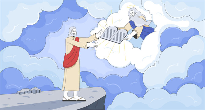 God giving Moses ten commandments flat illustration. Biblical law. Old testament. Hebrew prophet receiving stone tablets 2D bible characters cartoon background. Colorful scene vector art image