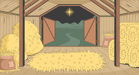 Empty stable interior with straw and star of Bethlehem flat illustration background. Peaceful barn biblical. Rustic nativity manger in holy night 2D cartoon backdrop. Colorful scene vector art image © IMG visuals characte